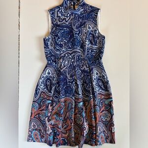 ANTONIO MELANI Blue and Orange Paisley Midi Dress, Size 10